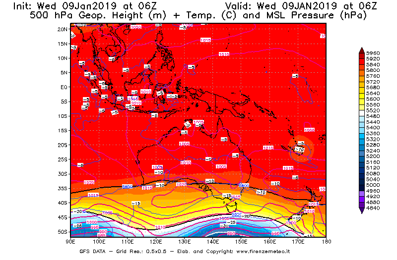 Mappa di analisi GFS - Geopotenziale [m] + Temp. [°C] a 500 hPa + Press. a livello del mare [hPa] in Oceania
							del 09/01/2019 06 <!--googleoff: index-->UTC<!--googleon: index-->