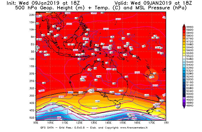 Mappa di analisi GFS - Geopotenziale [m] + Temp. [°C] a 500 hPa + Press. a livello del mare [hPa] in Oceania
							del 09/01/2019 18 <!--googleoff: index-->UTC<!--googleon: index-->