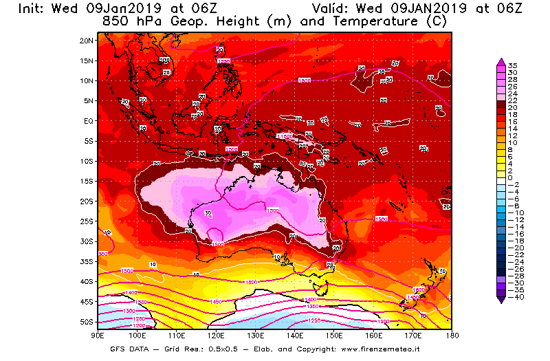 Mappa di analisi GFS - Geopotenziale [m] e Temperatura [°C] a 850 hPa in Oceania
							del 09/01/2019 06 <!--googleoff: index-->UTC<!--googleon: index-->