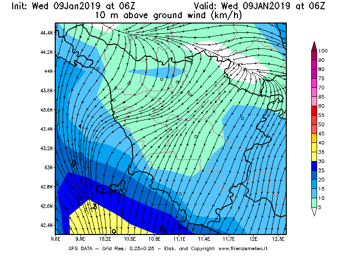 Mappa di analisi GFS - Velocità del vento a 10 metri dal suolo [km/h] in Toscana
							del 09/01/2019 06 <!--googleoff: index-->UTC<!--googleon: index-->