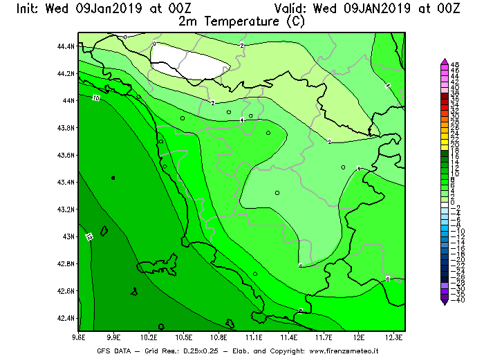 Mappa di analisi GFS - Temperatura a 2 metri dal suolo [°C] in Toscana
							del 09/01/2019 00 <!--googleoff: index-->UTC<!--googleon: index-->
