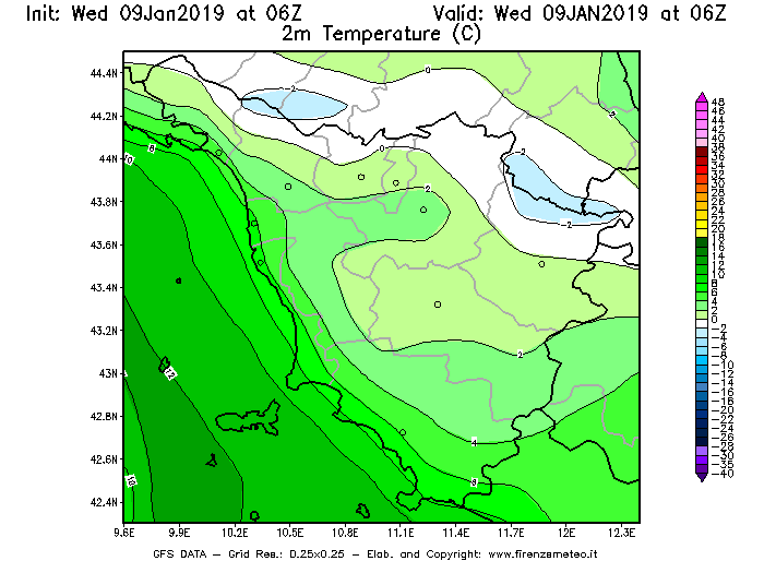 Mappa di analisi GFS - Temperatura a 2 metri dal suolo [°C] in Toscana
							del 09/01/2019 06 <!--googleoff: index-->UTC<!--googleon: index-->
