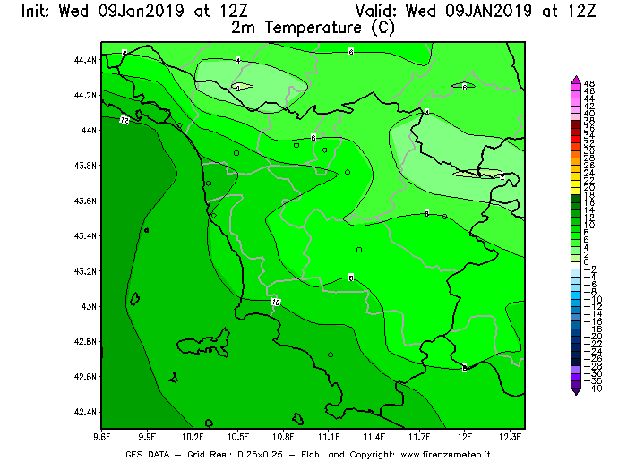 Mappa di analisi GFS - Temperatura a 2 metri dal suolo [°C] in Toscana
							del 09/01/2019 12 <!--googleoff: index-->UTC<!--googleon: index-->