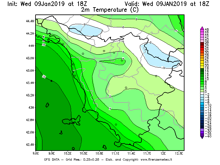 Mappa di analisi GFS - Temperatura a 2 metri dal suolo [°C] in Toscana
							del 09/01/2019 18 <!--googleoff: index-->UTC<!--googleon: index-->