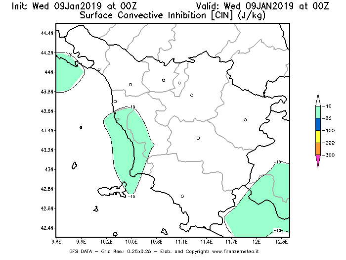 Mappa di analisi GFS - CIN [J/kg] in Toscana
							del 09/01/2019 00 <!--googleoff: index-->UTC<!--googleon: index-->
