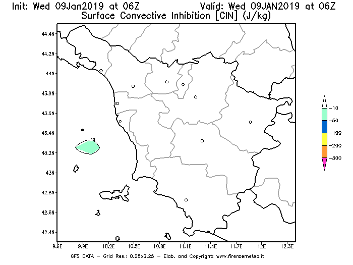 Mappa di analisi GFS - CIN [J/kg] in Toscana
							del 09/01/2019 06 <!--googleoff: index-->UTC<!--googleon: index-->
