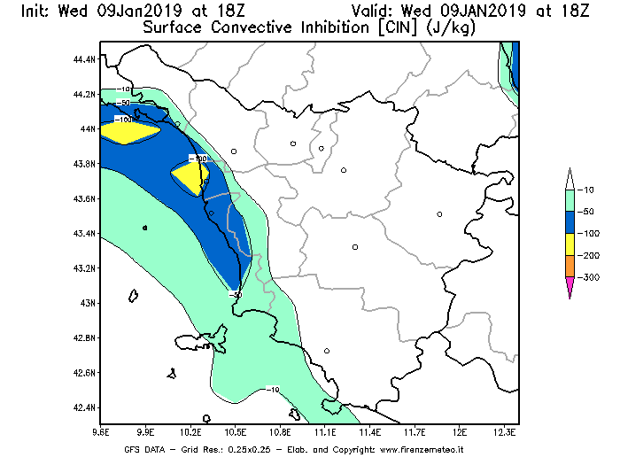 Mappa di analisi GFS - CIN [J/kg] in Toscana
							del 09/01/2019 18 <!--googleoff: index-->UTC<!--googleon: index-->