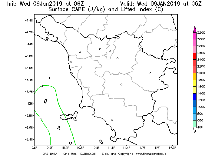 Mappa di analisi GFS - CAPE [J/kg] e Lifted Index [°C] in Toscana
							del 09/01/2019 06 <!--googleoff: index-->UTC<!--googleon: index-->