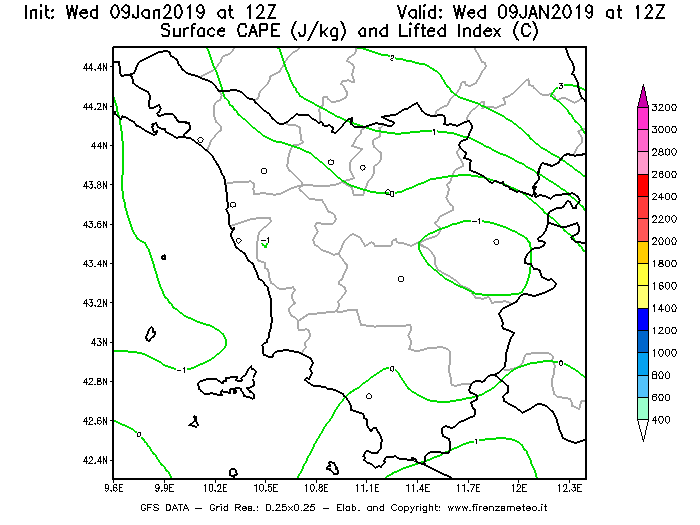 Mappa di analisi GFS - CAPE [J/kg] e Lifted Index [°C] in Toscana
							del 09/01/2019 12 <!--googleoff: index-->UTC<!--googleon: index-->