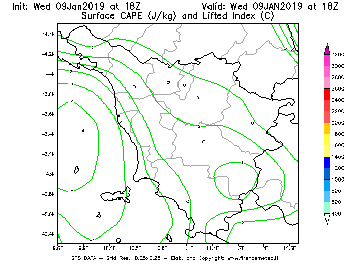 Mappa di analisi GFS - CAPE [J/kg] e Lifted Index [°C] in Toscana
							del 09/01/2019 18 <!--googleoff: index-->UTC<!--googleon: index-->