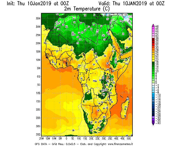 Mappa di analisi GFS - Temperatura a 2 metri dal suolo [°C] in Africa
									del 10/01/2019 00 <!--googleoff: index-->UTC<!--googleon: index-->