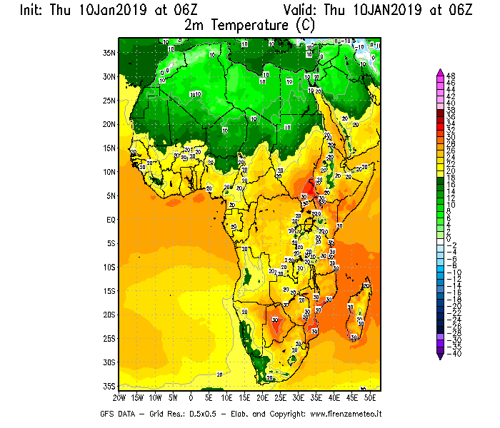 Mappa di analisi GFS - Temperatura a 2 metri dal suolo [°C] in Africa
									del 10/01/2019 06 <!--googleoff: index-->UTC<!--googleon: index-->