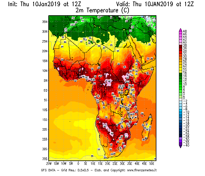 Mappa di analisi GFS - Temperatura a 2 metri dal suolo [°C] in Africa
									del 10/01/2019 12 <!--googleoff: index-->UTC<!--googleon: index-->