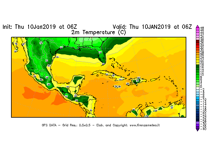 Mappa di analisi GFS - Temperatura a 2 metri dal suolo [°C] in Centro-America
									del 10/01/2019 06 <!--googleoff: index-->UTC<!--googleon: index-->
