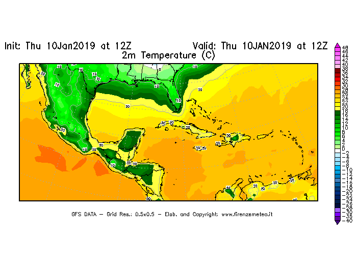 Mappa di analisi GFS - Temperatura a 2 metri dal suolo [°C] in Centro-America
									del 10/01/2019 12 <!--googleoff: index-->UTC<!--googleon: index-->