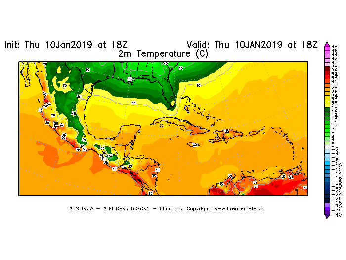 Mappa di analisi GFS - Temperatura a 2 metri dal suolo [°C] in Centro-America
									del 10/01/2019 18 <!--googleoff: index-->UTC<!--googleon: index-->