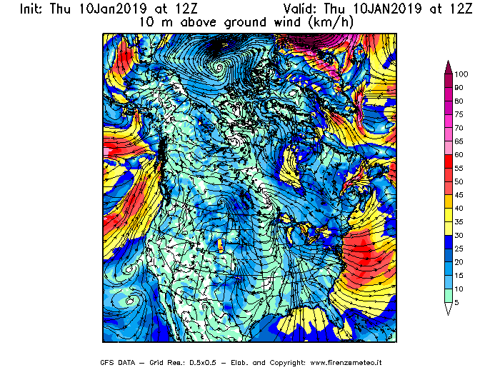 Mappa di analisi GFS - Velocità del vento a 10 metri dal suolo [km/h] in Nord-America
									del 10/01/2019 12 <!--googleoff: index-->UTC<!--googleon: index-->