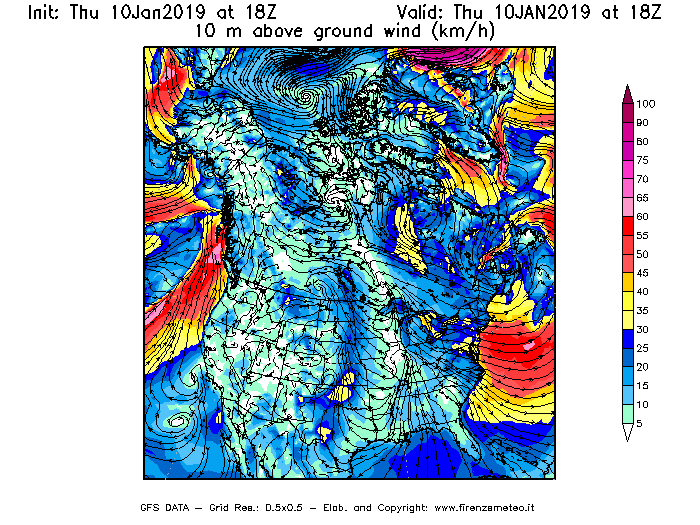 Mappa di analisi GFS - Velocità del vento a 10 metri dal suolo [km/h] in Nord-America
									del 10/01/2019 18 <!--googleoff: index-->UTC<!--googleon: index-->