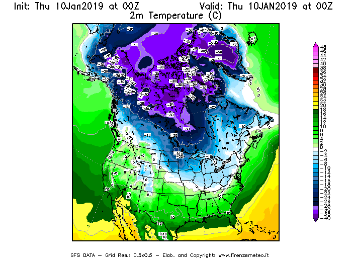 Mappa di analisi GFS - Temperatura a 2 metri dal suolo [°C] in Nord-America
									del 10/01/2019 00 <!--googleoff: index-->UTC<!--googleon: index-->
