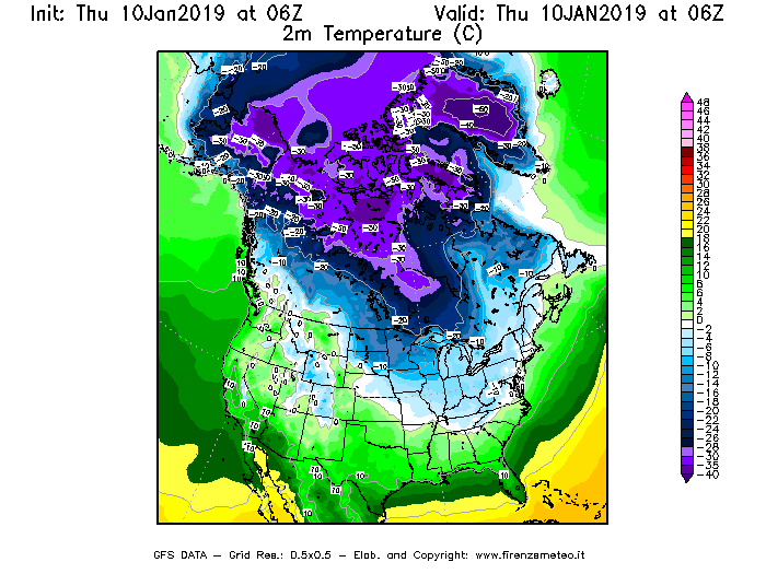Mappa di analisi GFS - Temperatura a 2 metri dal suolo [°C] in Nord-America
									del 10/01/2019 06 <!--googleoff: index-->UTC<!--googleon: index-->