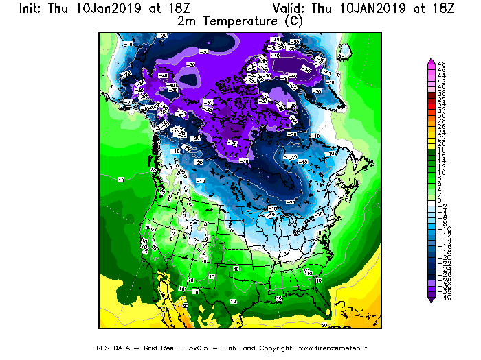 Mappa di analisi GFS - Temperatura a 2 metri dal suolo [°C] in Nord-America
									del 10/01/2019 18 <!--googleoff: index-->UTC<!--googleon: index-->