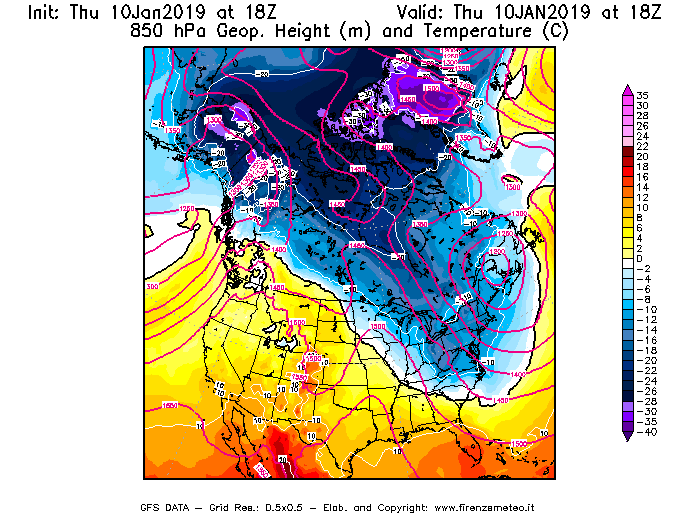 Mappa di analisi GFS - Geopotenziale [m] e Temperatura [°C] a 850 hPa in Nord-America
									del 10/01/2019 18 <!--googleoff: index-->UTC<!--googleon: index-->