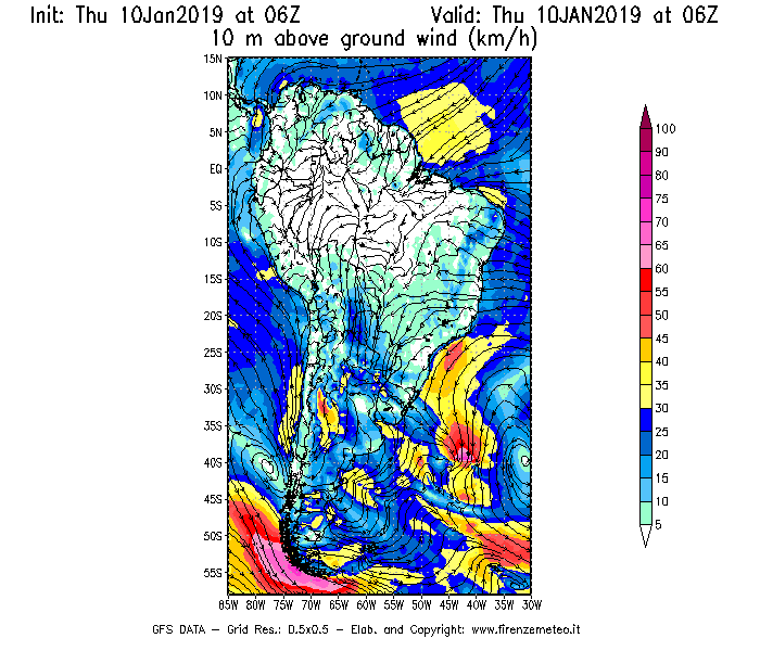 Mappa di analisi GFS - Velocità del vento a 10 metri dal suolo [km/h] in Sud-America
									del 10/01/2019 06 <!--googleoff: index-->UTC<!--googleon: index-->