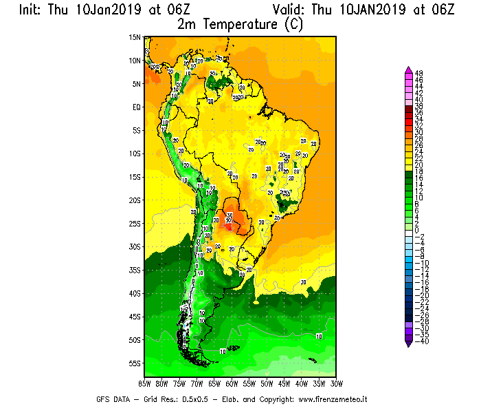 Mappa di analisi GFS - Temperatura a 2 metri dal suolo [°C] in Sud-America
									del 10/01/2019 06 <!--googleoff: index-->UTC<!--googleon: index-->