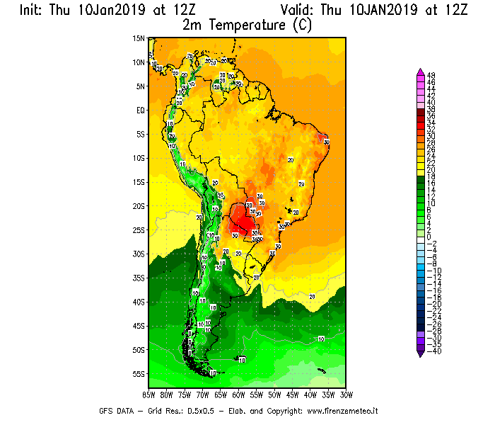 Mappa di analisi GFS - Temperatura a 2 metri dal suolo [°C] in Sud-America
									del 10/01/2019 12 <!--googleoff: index-->UTC<!--googleon: index-->