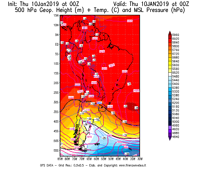 Mappa di analisi GFS - Geopotenziale [m] + Temp. [°C] a 500 hPa + Press. a livello del mare [hPa] in Sud-America
									del 10/01/2019 00 <!--googleoff: index-->UTC<!--googleon: index-->