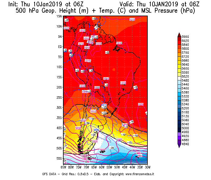 Mappa di analisi GFS - Geopotenziale [m] + Temp. [°C] a 500 hPa + Press. a livello del mare [hPa] in Sud-America
									del 10/01/2019 06 <!--googleoff: index-->UTC<!--googleon: index-->