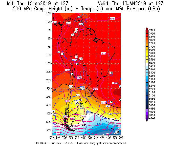 Mappa di analisi GFS - Geopotenziale [m] + Temp. [°C] a 500 hPa + Press. a livello del mare [hPa] in Sud-America
									del 10/01/2019 12 <!--googleoff: index-->UTC<!--googleon: index-->