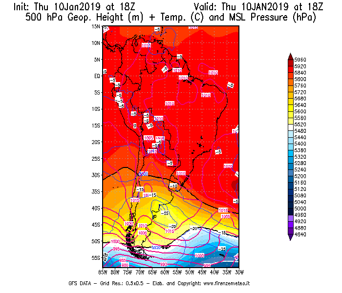 Mappa di analisi GFS - Geopotenziale [m] + Temp. [°C] a 500 hPa + Press. a livello del mare [hPa] in Sud-America
									del 10/01/2019 18 <!--googleoff: index-->UTC<!--googleon: index-->