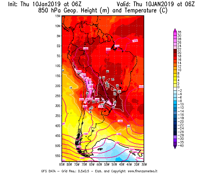 Mappa di analisi GFS - Geopotenziale [m] e Temperatura [°C] a 850 hPa in Sud-America
									del 10/01/2019 06 <!--googleoff: index-->UTC<!--googleon: index-->