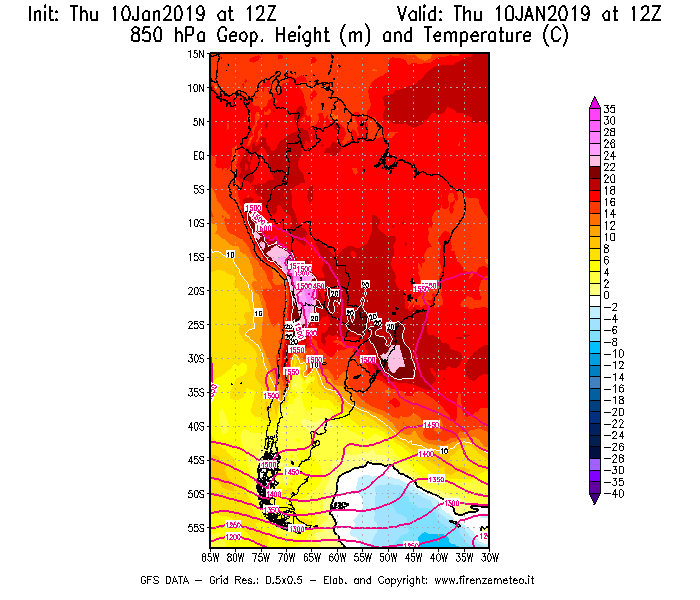 Mappa di analisi GFS - Geopotenziale [m] e Temperatura [°C] a 850 hPa in Sud-America
									del 10/01/2019 12 <!--googleoff: index-->UTC<!--googleon: index-->