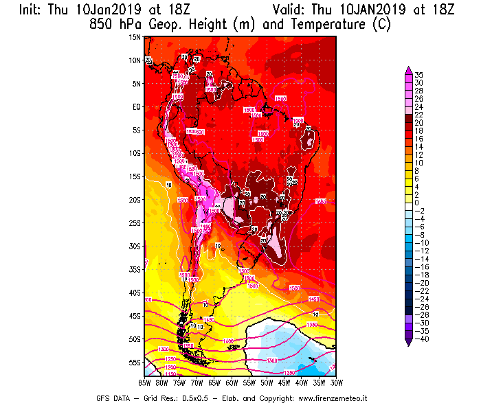 Mappa di analisi GFS - Geopotenziale [m] e Temperatura [°C] a 850 hPa in Sud-America
									del 10/01/2019 18 <!--googleoff: index-->UTC<!--googleon: index-->
