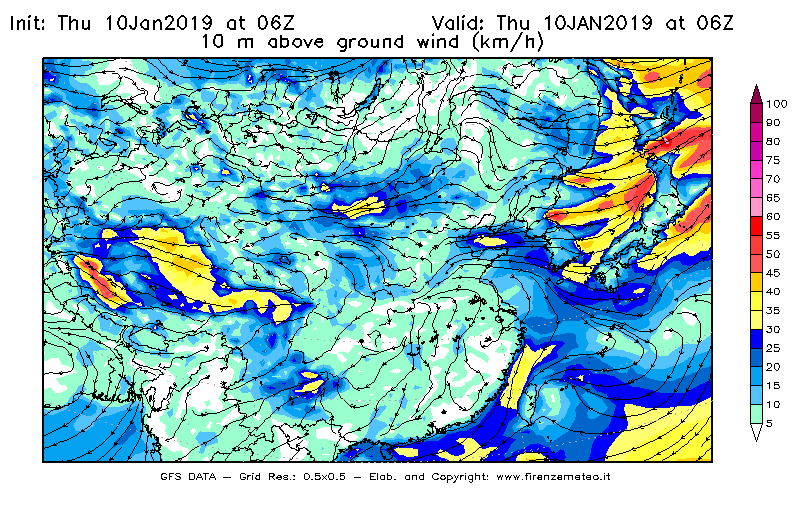Mappa di analisi GFS - Velocità del vento a 10 metri dal suolo [km/h] in Asia Orientale
									del 10/01/2019 06 <!--googleoff: index-->UTC<!--googleon: index-->