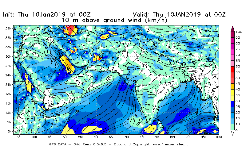 Mappa di analisi GFS - Velocità del vento a 10 metri dal suolo [km/h] in Asia Sud-Occidentale
									del 10/01/2019 00 <!--googleoff: index-->UTC<!--googleon: index-->