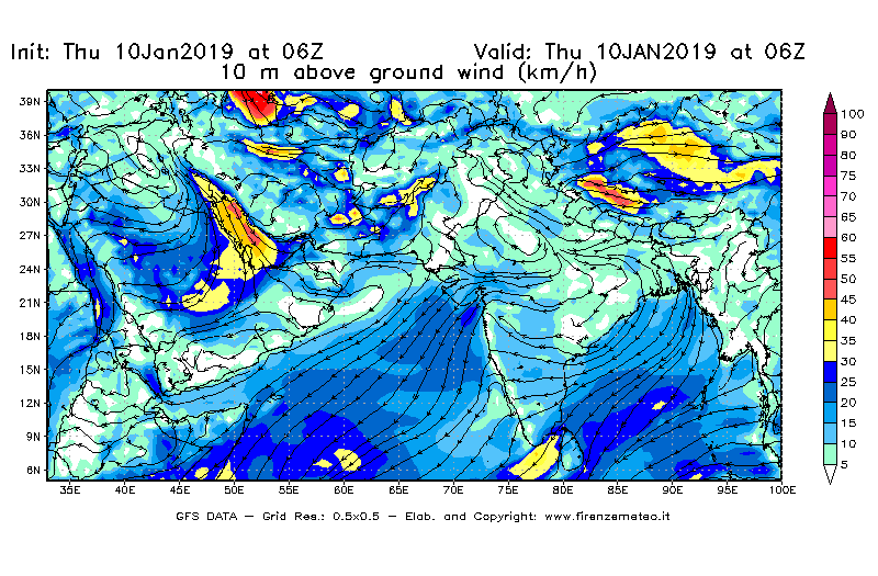 Mappa di analisi GFS - Velocità del vento a 10 metri dal suolo [km/h] in Asia Sud-Occidentale
									del 10/01/2019 06 <!--googleoff: index-->UTC<!--googleon: index-->