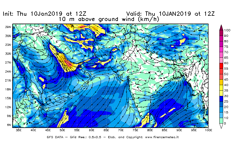Mappa di analisi GFS - Velocità del vento a 10 metri dal suolo [km/h] in Asia Sud-Occidentale
									del 10/01/2019 12 <!--googleoff: index-->UTC<!--googleon: index-->