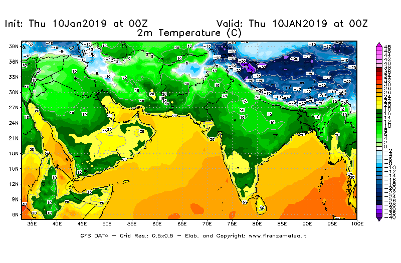 Mappa di analisi GFS - Temperatura a 2 metri dal suolo [°C] in Asia Sud-Occidentale
									del 10/01/2019 00 <!--googleoff: index-->UTC<!--googleon: index-->