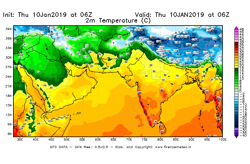 Mappa di analisi GFS - Temperatura a 2 metri dal suolo [°C] in Asia Sud-Occidentale
									del 10/01/2019 06 <!--googleoff: index-->UTC<!--googleon: index-->