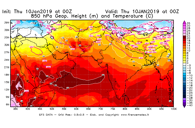 Mappa di analisi GFS - Geopotenziale [m] e Temperatura [°C] a 850 hPa in Asia Sud-Occidentale
									del 10/01/2019 00 <!--googleoff: index-->UTC<!--googleon: index-->