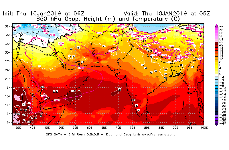 Mappa di analisi GFS - Geopotenziale [m] e Temperatura [°C] a 850 hPa in Asia Sud-Occidentale
									del 10/01/2019 06 <!--googleoff: index-->UTC<!--googleon: index-->