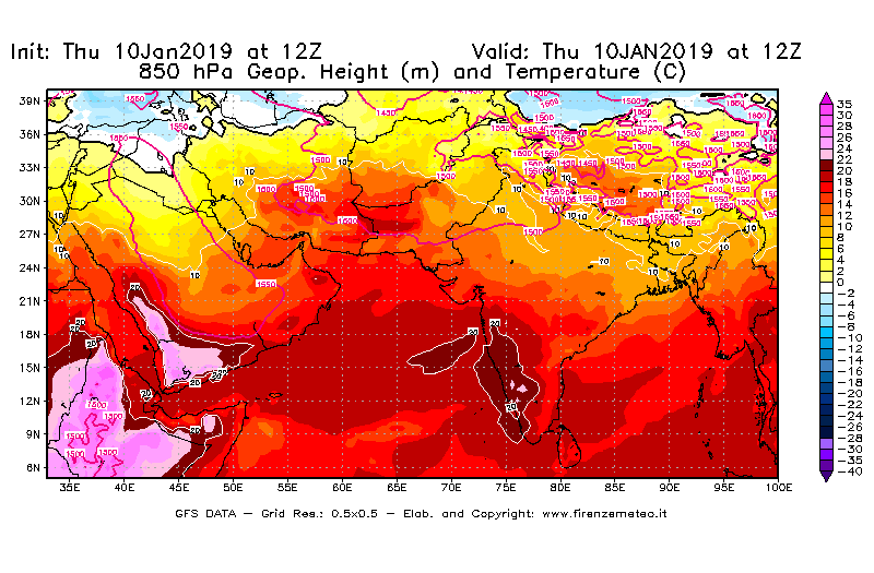 Mappa di analisi GFS - Geopotenziale [m] e Temperatura [°C] a 850 hPa in Asia Sud-Occidentale
									del 10/01/2019 12 <!--googleoff: index-->UTC<!--googleon: index-->