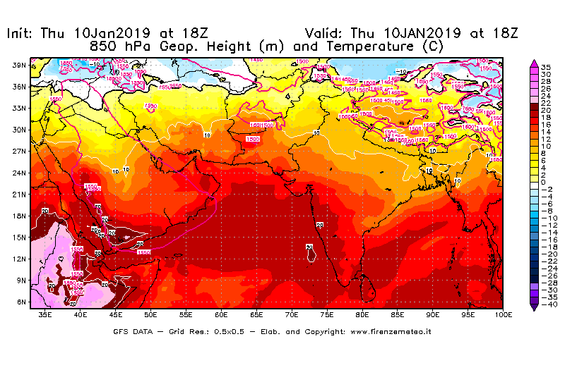 Mappa di analisi GFS - Geopotenziale [m] e Temperatura [°C] a 850 hPa in Asia Sud-Occidentale
									del 10/01/2019 18 <!--googleoff: index-->UTC<!--googleon: index-->