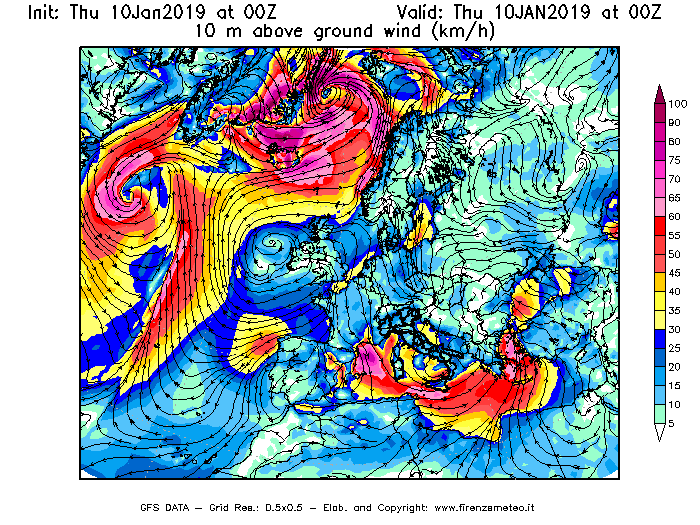 Mappa di analisi GFS - Velocità del vento a 10 metri dal suolo [km/h] in Europa
									del 10/01/2019 00 <!--googleoff: index-->UTC<!--googleon: index-->