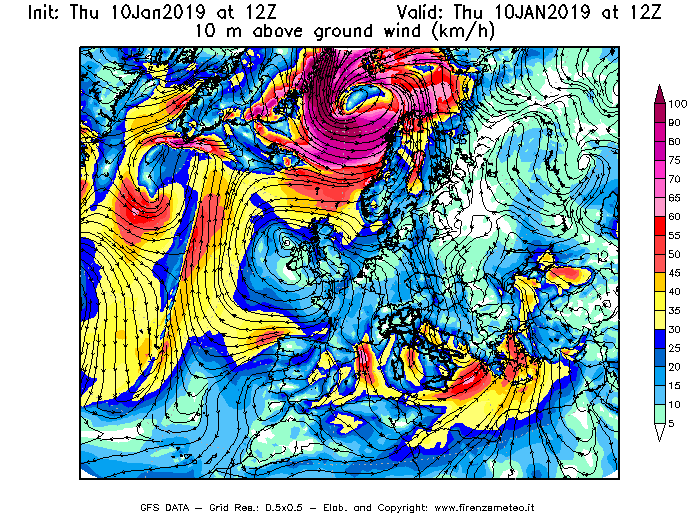 Mappa di analisi GFS - Velocità del vento a 10 metri dal suolo [km/h] in Europa
									del 10/01/2019 12 <!--googleoff: index-->UTC<!--googleon: index-->