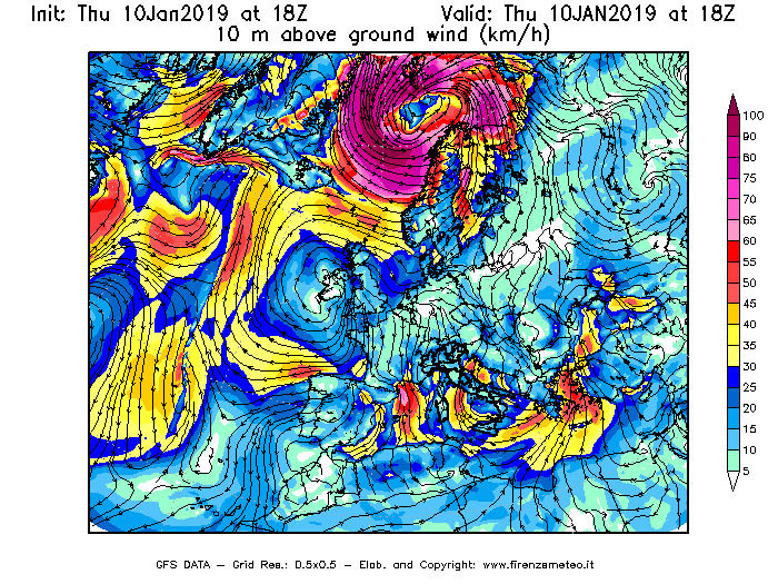 Mappa di analisi GFS - Velocità del vento a 10 metri dal suolo [km/h] in Europa
									del 10/01/2019 18 <!--googleoff: index-->UTC<!--googleon: index-->