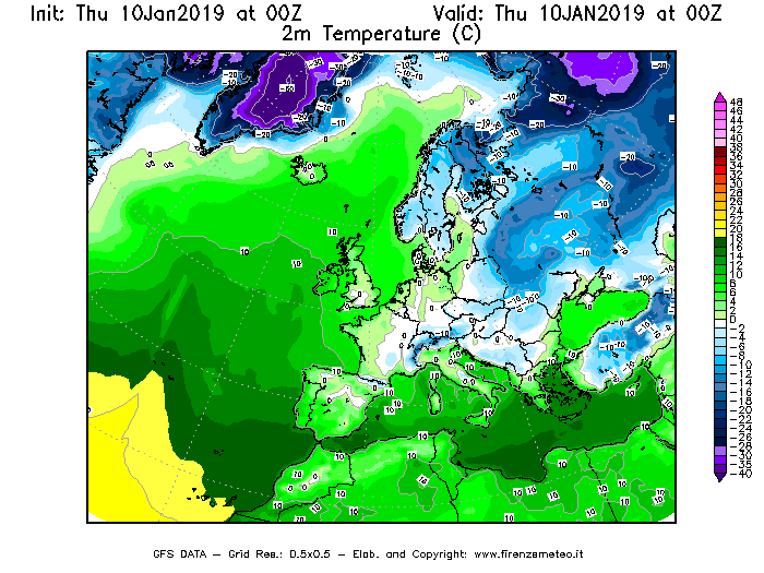 Mappa di analisi GFS - Temperatura a 2 metri dal suolo [°C] in Europa
									del 10/01/2019 00 <!--googleoff: index-->UTC<!--googleon: index-->